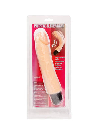Vibe Flesh 25 cm vibrator in pale peach flesh-toned material, with a gently curved shaft and dark base in clear packaging