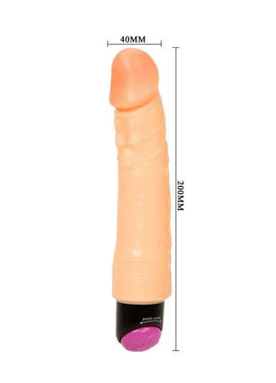 Vibe Flesh 25 cm vibrator with a peach flesh-like shaft, rounded tip and black base with purple control, marked 200 mm long