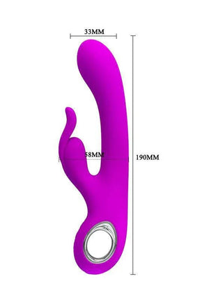 Vibe Hot Rabbit Purple rabbit vibrator in smooth bright purple silicone, with curved shaft, bunny-shaped stimulator and silver control ring