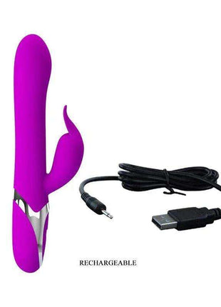 Vibe Neil Inflatable purple rechargeable vibrator with a curved dual-branch shape and silver accent band, shown with USB cable