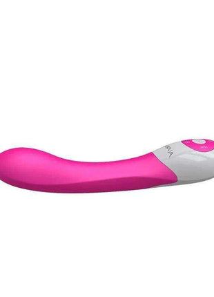 Vibe Pulse Fuchsia vibrator with a curved, glossy fuchsia body and a smooth silver-gray end with pink control button