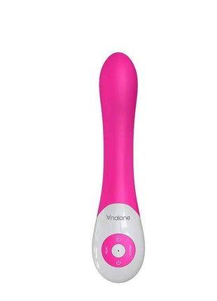 Vibe Pulse Fuchsia handheld vibrator with a smooth pink body, silver base and circular control buttons