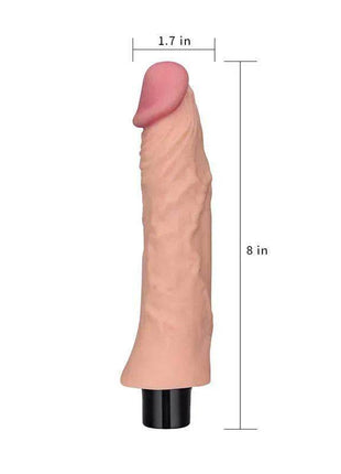 Vibe Real Softee 8 Flesh vibrator in pale flesh-toned soft material, with a textured shaft and pink rounded tip.