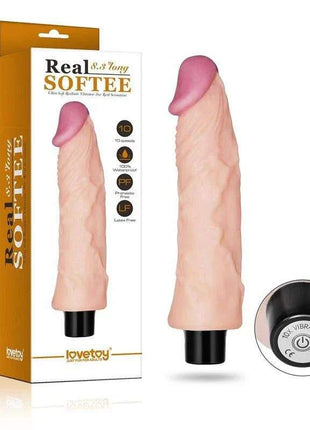Vibe Real Softee 8 Flesh vibrator with a pale peach, realistic textured body, pink tip and black base