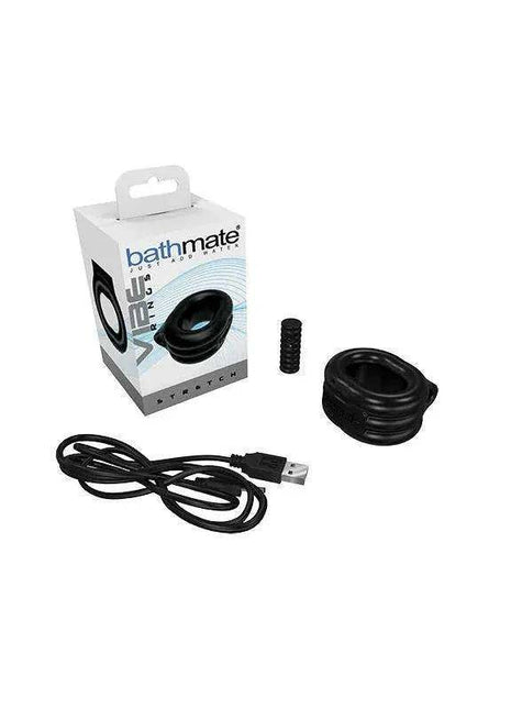 Vibe Ring Stretch set with a black flexible ring, ribbed attachment, USB charging cable and branded box