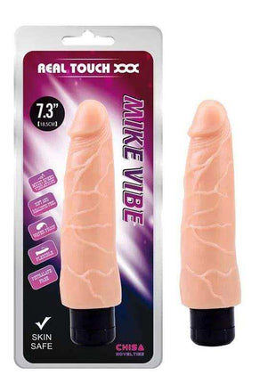 Vibe T-Skin Mike Flesh textured peach-toned silicone penis sleeve with a black base, shown beside its retail packaging