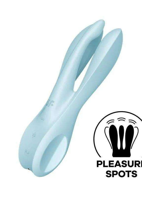 Vibe Threesome 1 Light Blue dual-pronged vibrator in pale blue with a smooth curved body and control buttons