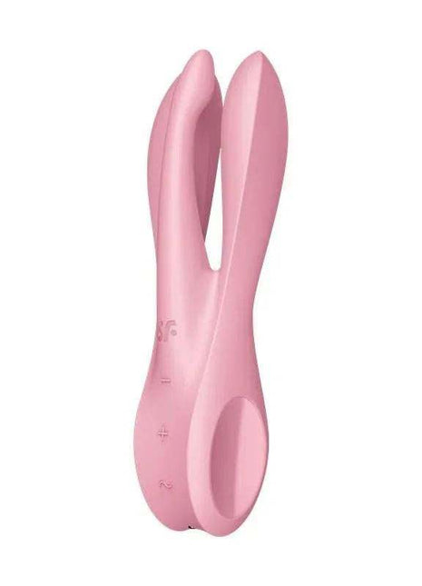 Vibe Threesome 1 Pink rabbit vibrator in smooth pink silicone, with two long prongs and a rounded external stimulator.
