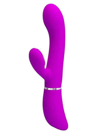 Vibe with Licking purple vibrator with a curved shaft, textured side arm and a silver band around the base.