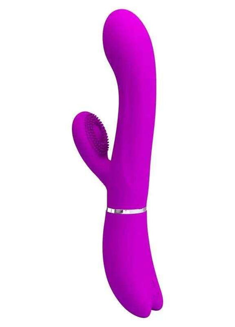 Vibe with Licking vibrator in bright purple with a curved shaft, textured side stimulator and silver band