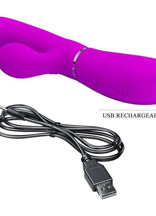 Vibe with Licking purple silicone vibrator with a curved dual-ended design, control buttons and USB charging cable