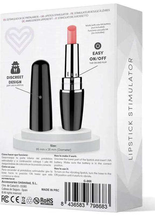 Viblips Lipstick Stimulator Black box with a black lipstick case and pink balm stick, featuring a sleek design.