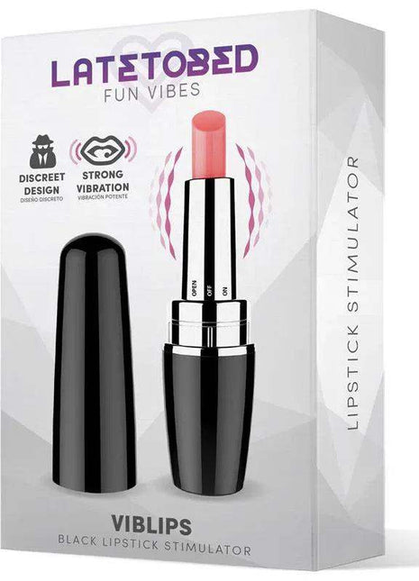Viblips Lipstick Stimulator Black in glossy black casing with silver bands, shown beside white retail packaging with pink lipstick tip.
