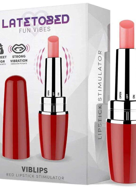 Viblips Lipstick Stimulator Red in a glossy red lipstick-shaped case with silver bands and pink tip, shown with matching packaging