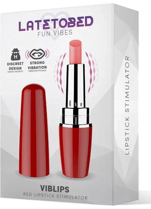 Viblips Lipstick Stimulator Red shown as a glossy red lipstick-shaped device with a pink tip and matching cap in its box.