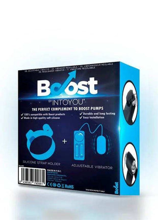 Vibrating Accesory for Pumps ADX04 in black and blue retail packaging, showing a silicone strap holder and adjustable vibrator