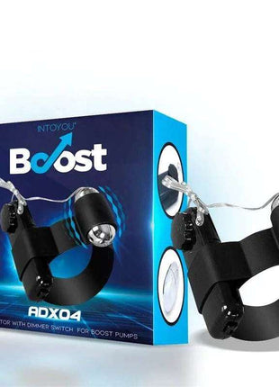 Vibrating Accesory for Pumps ADX04, black flexible pump attachment with silver connectors beside its blue Boost product box