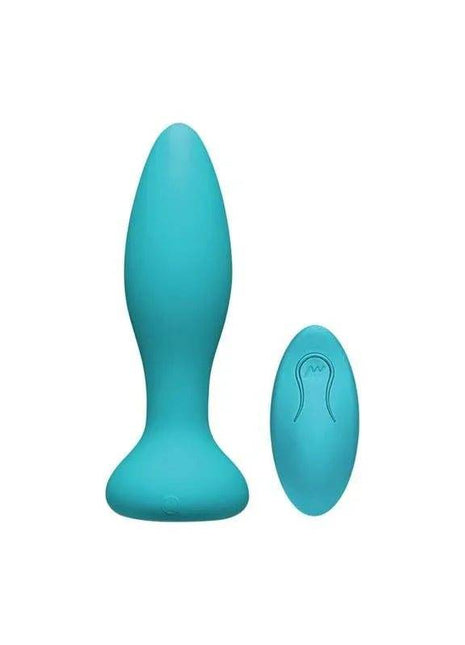 Vibrating and Rotating Butt Plug in turquoise silicone with a tapered bulb, flared base and matching oval controller