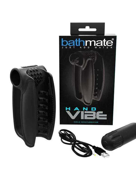 Vibrating Bullet Hand Vibe in black molded plastic with textured grip, detachable-looking end piece and USB charging cable