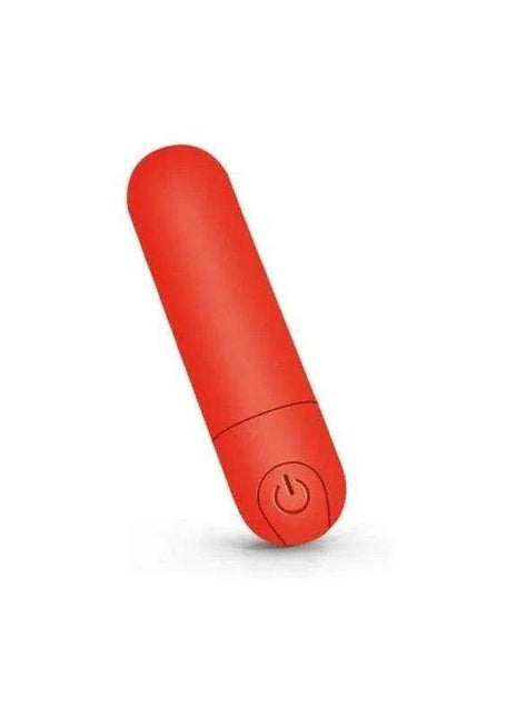 Vibrating Bullet in bright red with a smooth, compact cylindrical body and a round power button at one end