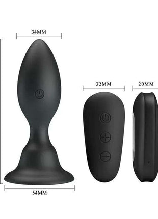 Vibrating Butt Plug with a black, smooth contoured silicone body, flared base, and control buttons shown with measurements