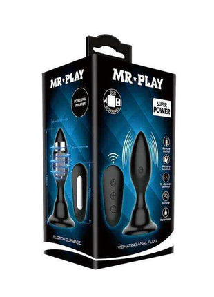 Vibrating Butt Plug in black silicone, shown on blue packaging with vibration controls and a flared base