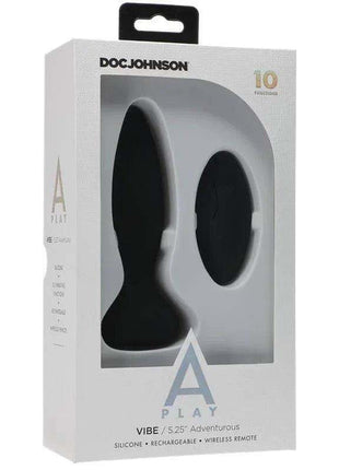 Vibrating Butt Plug in black silicone with a tapered shape, shown packaged with a wireless remote and 10 functions