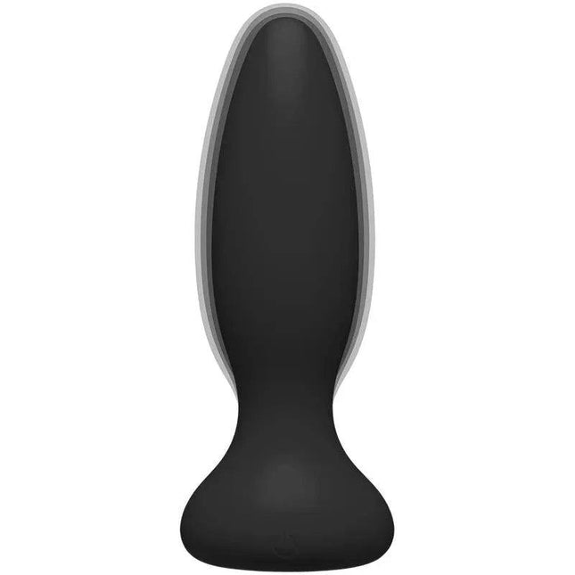 Black vibrating butt plug with tapered silicone design and USB rechargeable waterproof features