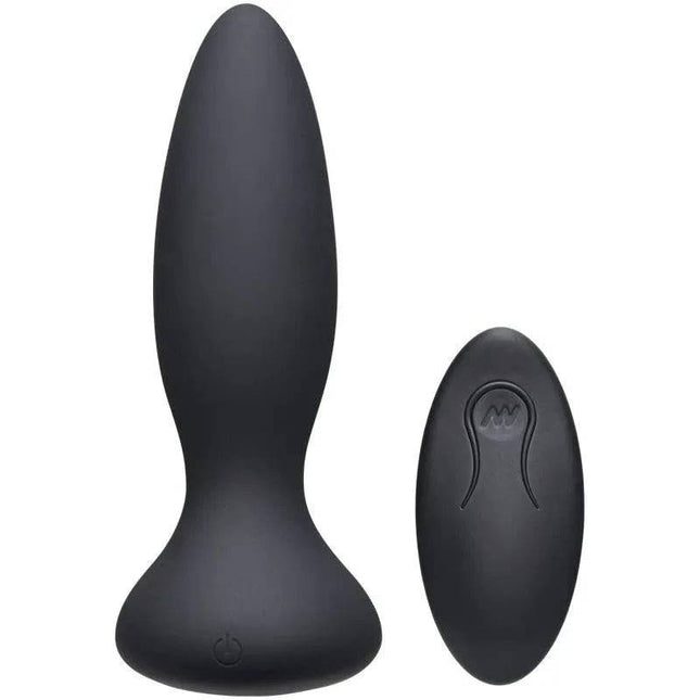 Black vibrating butt plug with tapered ergonomic design and 10 vibration settings, USB rechargeable and waterproof for versatile anal pleasure.