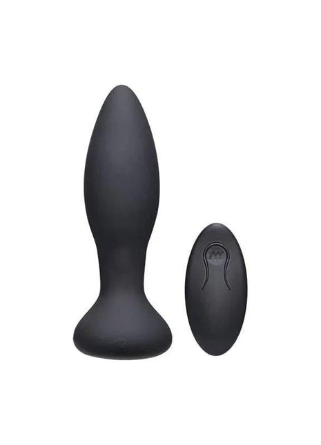 Black vibrating butt plug made of body-safe silicone with tapered tip and adjustable vibrations for beginners and experienced users