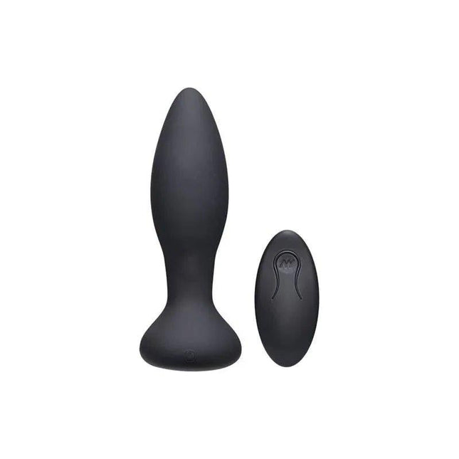 Black silicone vibrating butt plug with tapered tip and adjustable vibration settings for beginners and experienced users