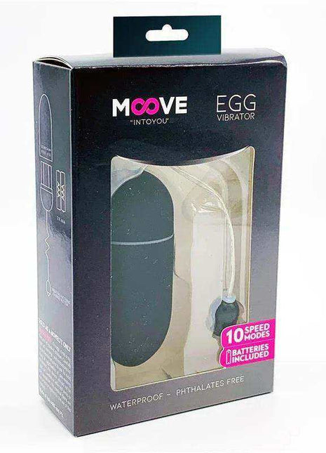 Vibrating Egg 10 Functions in black, shown in a retail box with a dark oval vibrator and flexible cord