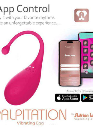 Vibrating Egg Palpitation in bright pink silicone with a curved flexible removal cord, shown with app control on smartphones