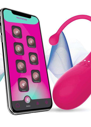 Vibrating Egg Palpitation in bright pink silicone beside a smartphone displaying its app controls, with a curved removal loop.