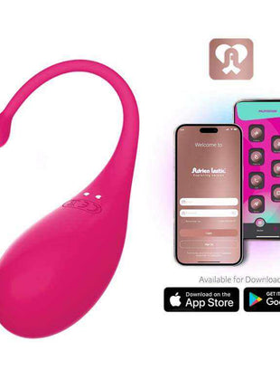 Vibrating Egg Palpitation in bright pink silicone with a curved flexible cord and app controls displayed on smartphones