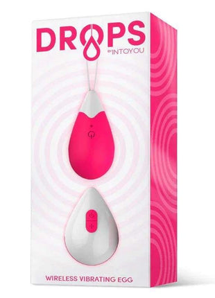 Vibrating Egg in bright pink silicone with a flexible cord and matching wireless remote, shown on its Drops box
