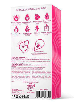 Vibrating Egg retail box in white and hot pink, with feature icons, usage instructions and barcode printed on packaging