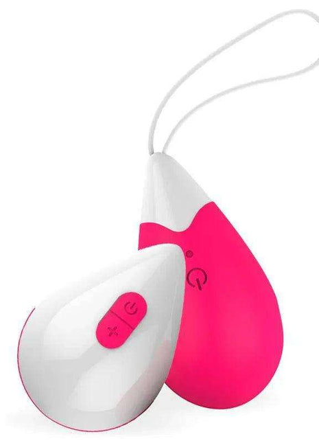 Vibrating Egg in pink and white silicone with an egg-shaped body, flexible loop cord and matching remote control