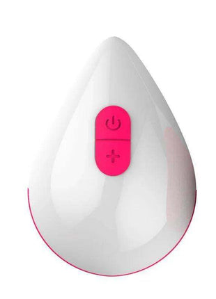 Vibrating Egg with a smooth white teardrop-shaped body, bright pink power and plus buttons, and pink trim
