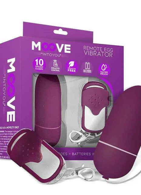 Vibrating Egg with Remote Control in dark purple silicone, shown with matching remote, clear cords and purple retail packaging