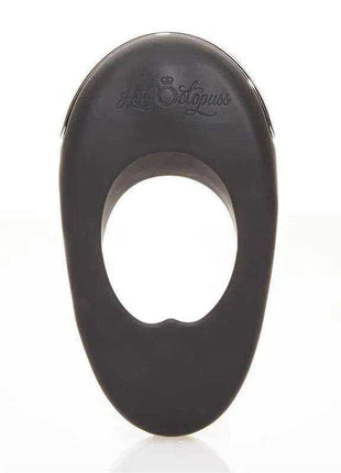 Vibrating Penis Ring in black silicone with a smooth oval body, central opening and raised embossed logo