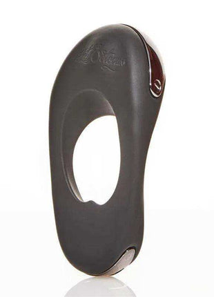 Vibrating Penis Ring in charcoal black silicone with a smooth oval loop, rounded body and metallic side control