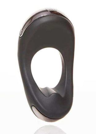 Vibrating Penis Ring in black silicone with a smooth oval loop and reflective silver trim at both ends