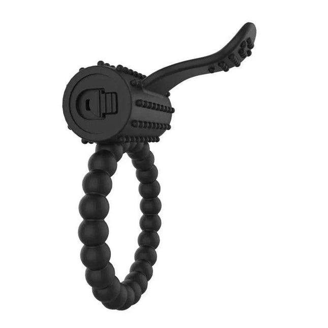 Black vibrating penis ring with built-in clitoral stimulator and sleek design for couples