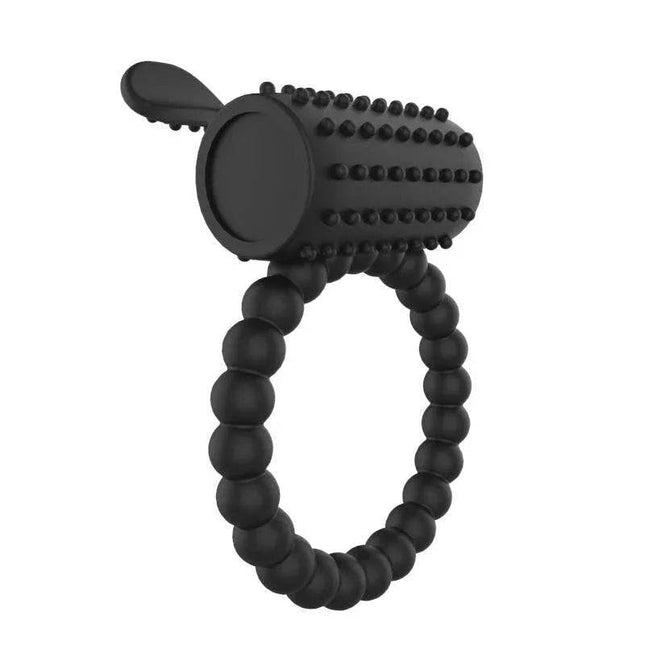 Black vibrating penis ring with built-in clitoral stimulator and sleek design for couples' pleasure