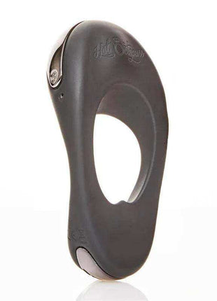 Vibrating Penis Ring in dark gray silicone with a smooth oval shape, large central opening, and side controls