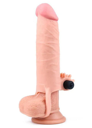 Vibrating Penis Sleeve in pale pink TPE with a realistic veined shaft, rounded base ring and black vibrating bullet