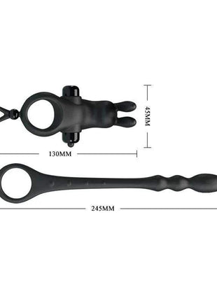 Vibrating Ring with Butt Plug in black silicone, featuring a circular ring, compact textured plug and elongated flexible shaft