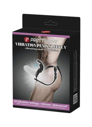 Vibrating Ring with Butt Plug in black retail packaging, showing a black silicone ring and ridged plug with vibration settings