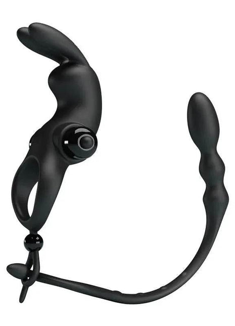 Vibrating ring with butt plug made of body-safe silicone for enhanced couples' pleasure and multiple vibration settings